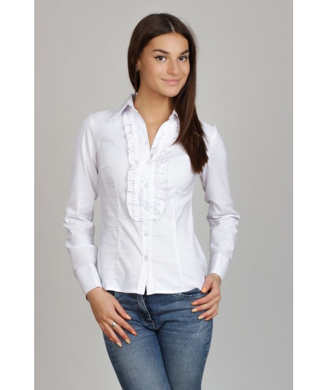 White cotton business blouse with ruffle to waist, P60