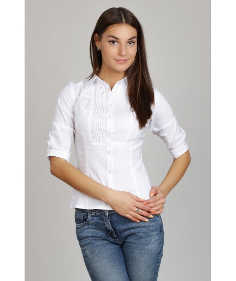Белая хлопковая деловая блузка, воротник - рубашечный,  Р101