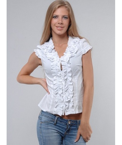 Біла жіноча блузка з рюшами, короткий рукав Р72
