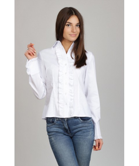 Біла жіноча блузка-сорочка з рюшами Р08