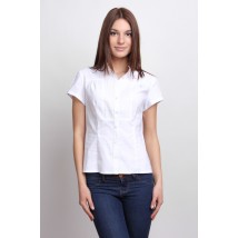 White office blouse with short sleeves, stand-up collar P101