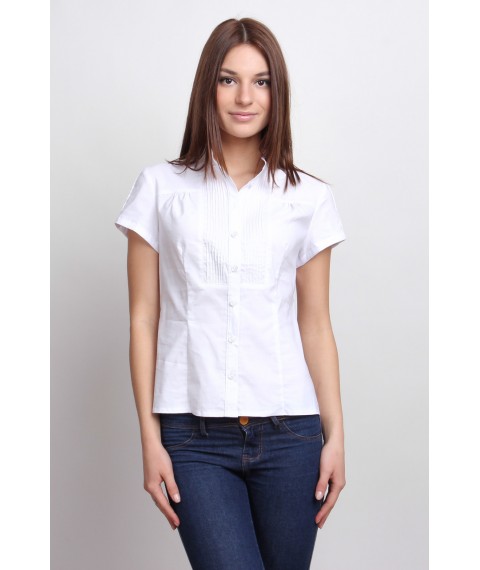 White office blouse with short sleeves, stand-up collar P101