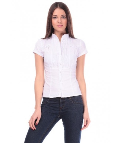 Блуза белая офисная с коротким рукавом, воротник-стойка Р101
