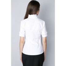 Blouse with stand-up collar and ruffles along the placket P76
