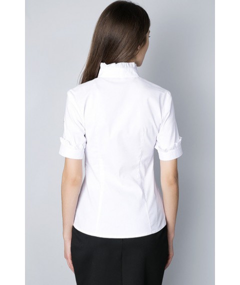 Blouse with stand-up collar and ruffles along the placket P76