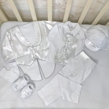 Suit 3477 Kardesler for baptism. Tailcoat, jacket, pants, beret, booties, scratches White / silver Interlock art.3477 Turkey 74