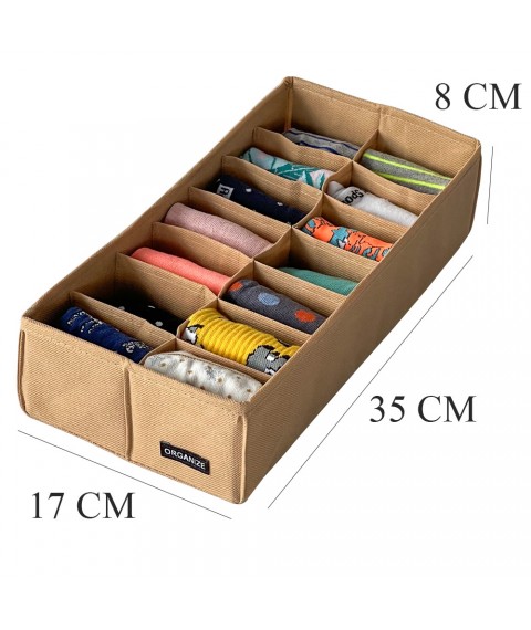 Box with square cells for socks and panties 17*35*8 cm ORGANIZE (beige)
