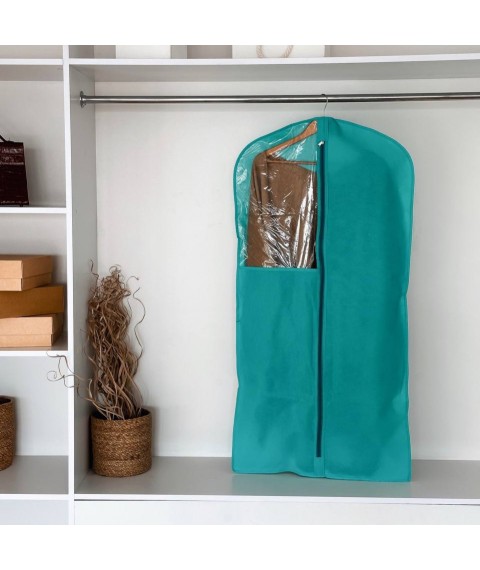 Non-woven cover for clothes with a transparent insert 120 cm long (azure)