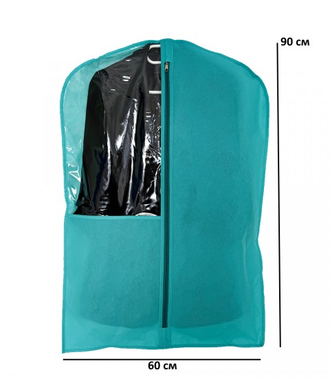 Non-woven cover for clothes with a transparent insert 90 cm long (azure)