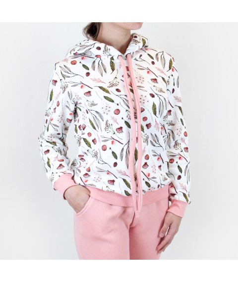 Women's suit with hood Botanic on Dexter`s fleece White; Pink 2155 L (d2155-1)