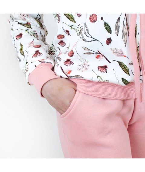 Women's suit with hood Botanic on Dexter`s fleece White; Pink 2155 S (d2155-1)