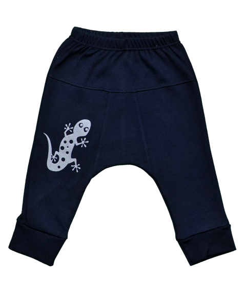 Navy blue knitted children's pants with Gecko Dexter`s print Blue 924 74 cm (d924-3)