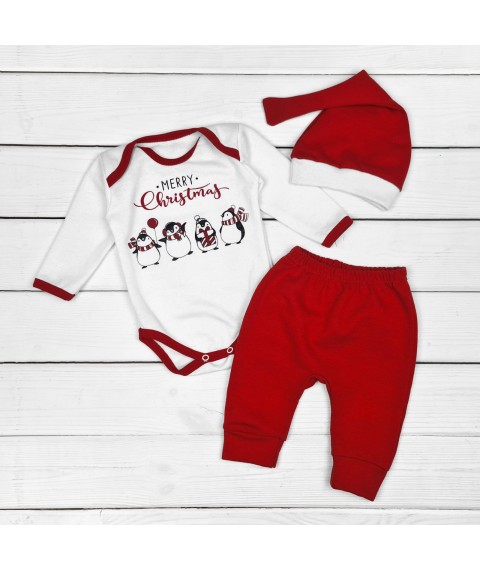 New Year's three-piece set for newborns Merry Christmas with penguins Malena Red; White 352 86 cm (d352пг-нгтг)