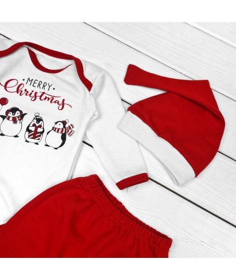 New Year's three-piece set for newborns Merry Christmas with penguins Malena Red; White 352 74 cm (d352пг-нгтг)