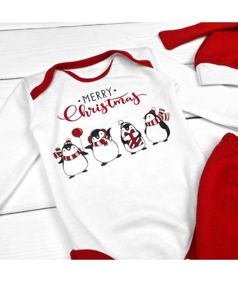 Комплект для новорожденных новогодний из трех предметов Merry Christmas с пингвинами  Malena  Красный 352  62 см (d352пг-нгтг)