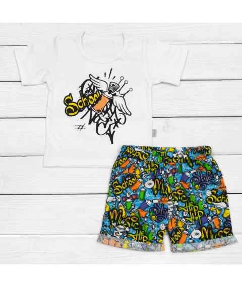 Boys T-shirt and shorts with Old School Dexter`s print White; Blue 128 128 cm (d128old)