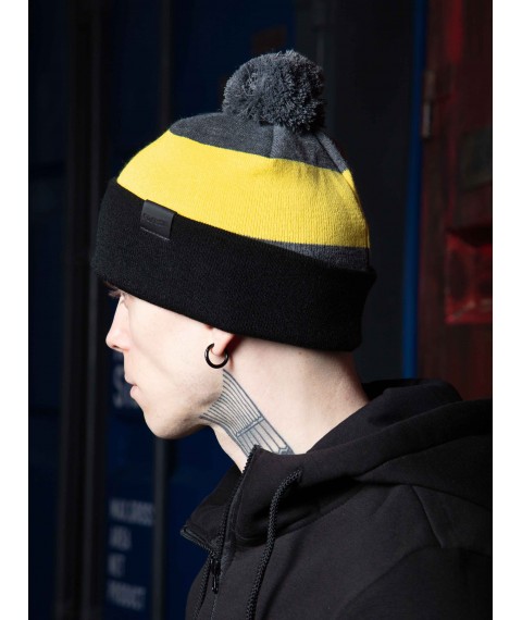 Шапка Custom Wear Tricolor з бумбоном графіт з жовтим, чорним