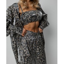 Пижамный костюм-тройка Leopard (рубашка+топ+штаны) полированный штапель Серый