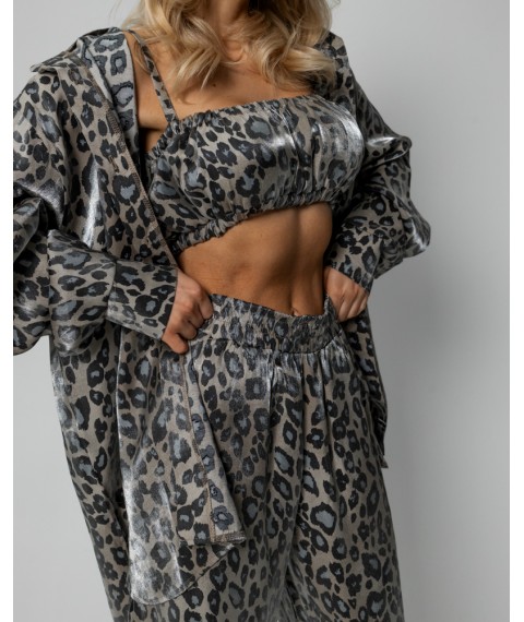 Піжамний костюм-трійка Leopard (сорочка+топ+штани) полірований штапель Сірий