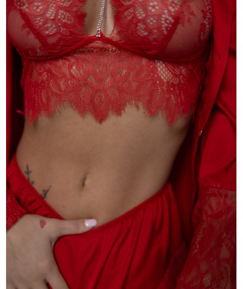 Піжамний костюм-трійка "Angelica" (сорочка+топ+шорти) шовк Армані та мереживо з ланцюжком Червоний