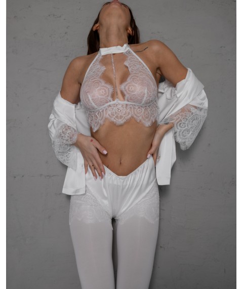 Піжамний костюм-трійка "Angelica" (сорочка+топ+шорти) шовк Армані та мереживо з ланцюжком Білий