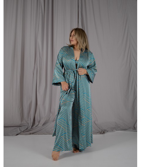 Піжамний костюм-трійка Helen італійський шовк (бра+халат+штани) Блакитний
