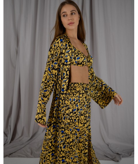Піжамний костюм-трійка Helen італійський шовк (бра+халат+штани) Жовтий