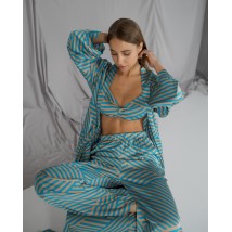 Пижамный костюм-тройка Helen итальянский шелк (бра+халат+штаны) Голубой
