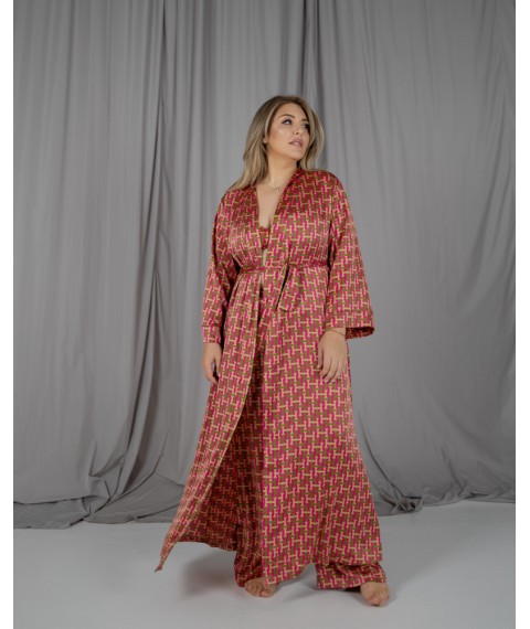 Піжамний костюм-трійка Helen італійський шовк (бра+халат+штани) Рожевий