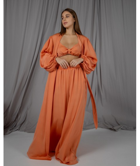 Пижамный костюм-тройка Diana шелк вискоза (бра+халат+штаны) Оранжевый
