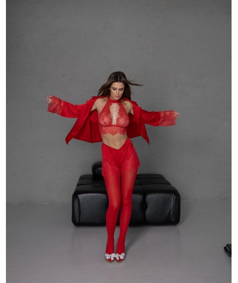 Піжамний костюм-трійка "Angelica" (сорочка+топ+шорти) шовк Армані та мереживо з ланцюжком Червоний