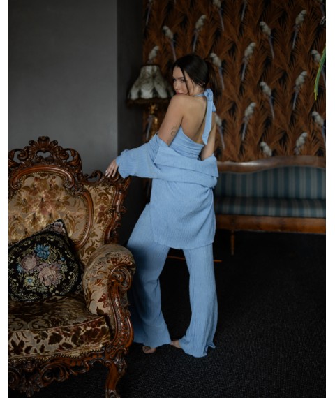 Жіночий костюм-трійка "Dominica" (сорочка+топ+штани) віскоза жатка Блакитний