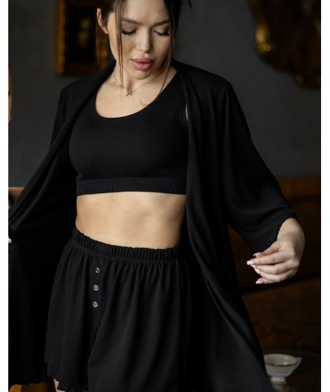 Піжамний костюм трійка з рубчика Dana (халат+топ+шорти) Чорний