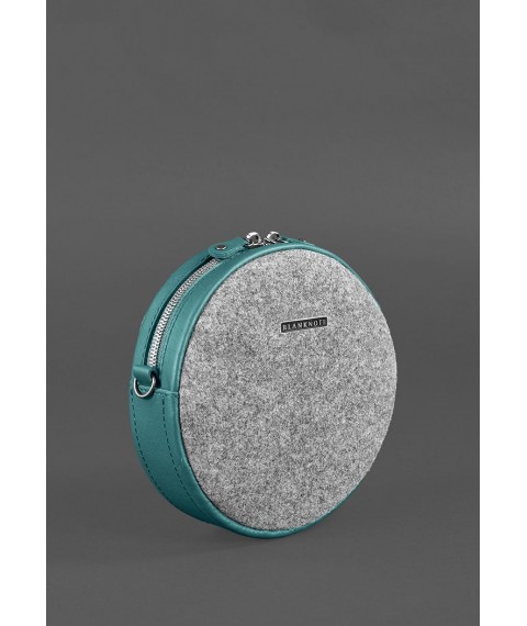 Round felt women's bag Tablet with leather turquoise inserts