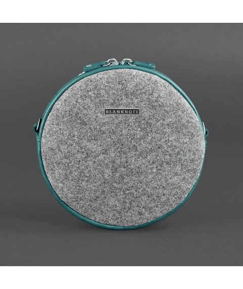 Round felt women's bag Tablet with leather turquoise inserts