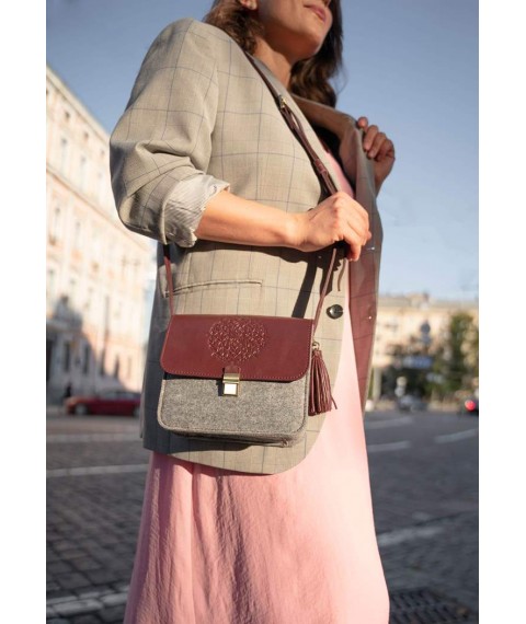 Felt women's boho bag Lilu with burgundy leather inserts