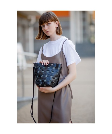 Leather woven women's bag Puzzle M black Krast