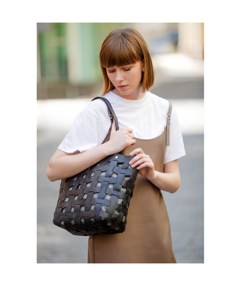 Leather woven women's bag Puzzle L black Krast