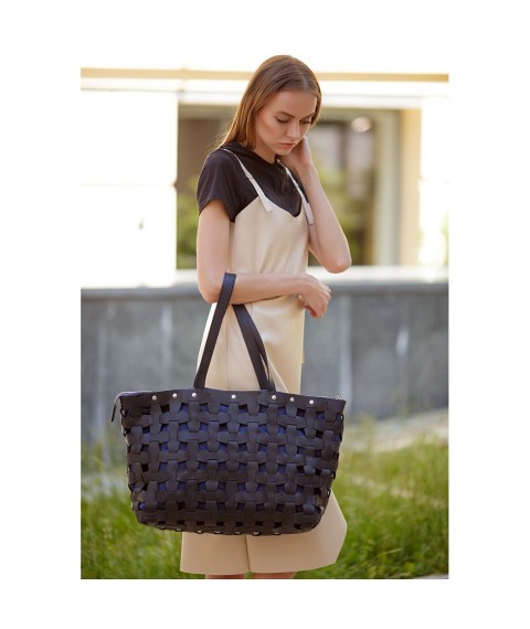 Leather woven women's bag Puzzle Xl black Crazy Horse