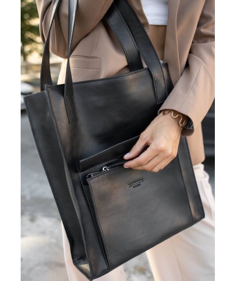 Leather women's shopper bag Betsy with pocket black Crust