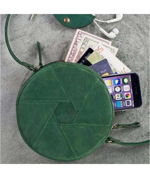 Leather round women's bag Bon-Bon green Crazy Horse