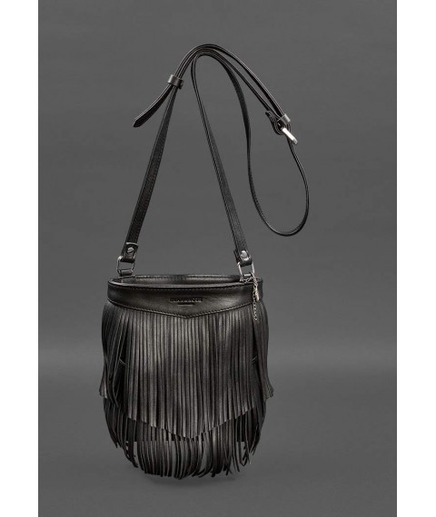Leather women's bag with fringed mini crossbody Fleco black crust