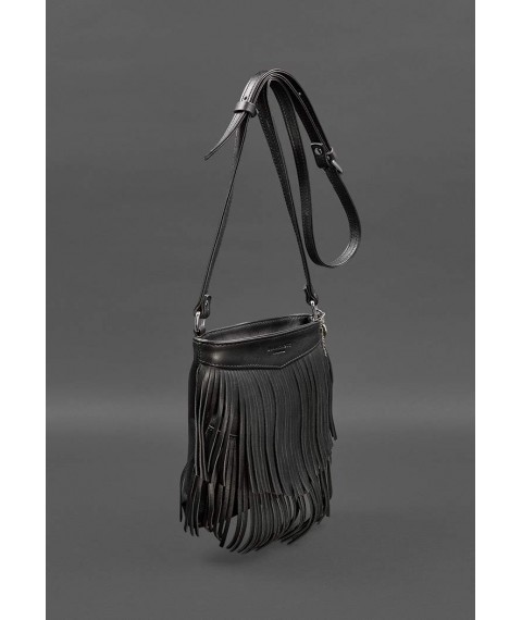 Leather women's bag with fringed mini crossbody Fleco black crust