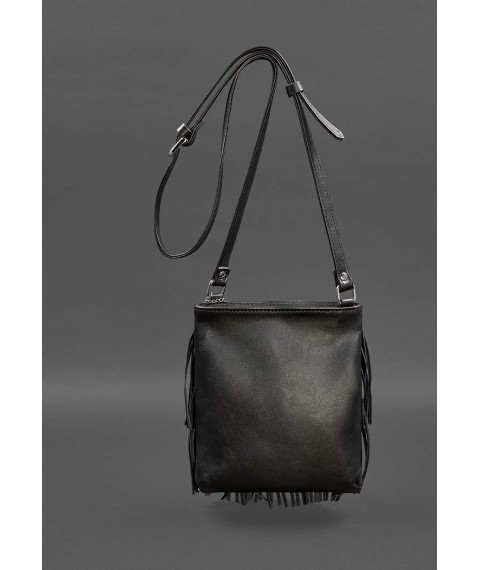 Leather women's bag with fringed mini crossbody Fleco black crust