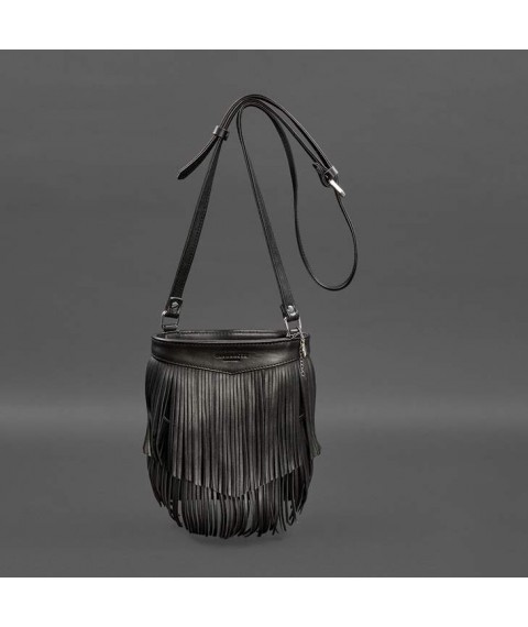 Leather women's bag with fringed mini crossbody Fleco black crust