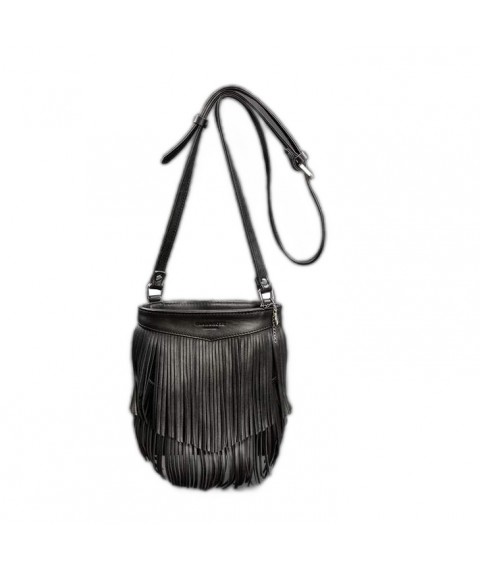 Leather women's bag with fringed mini crossbody Fleco black crust