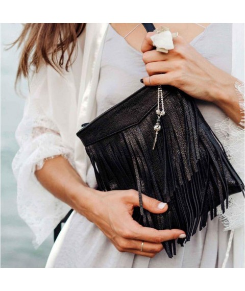 Leather women's bag with fringed mini crossbody Fleco black
