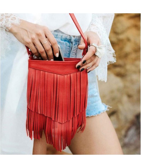 Leather women's bag with fringed mini crossbody Fleco red