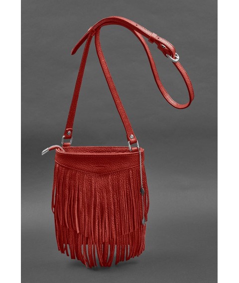Leather women's bag with fringed mini crossbody Fleco red