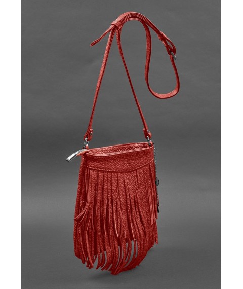 Leather women's bag with fringed mini crossbody Fleco red